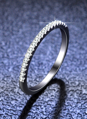 莫桑石戒指一字型单排戒女群镶王冠单身尾戒925纯银镀PT950 铂金