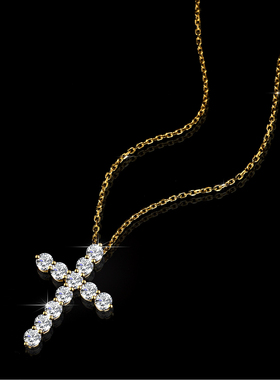 s925纯银吊坠莫桑石项链女时尚大号十字架几何镀PT950 铂金锁骨链