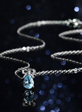 蓝托帕石莫桑石吊坠女925纯银镀PT950 铂金1克拉蝴蝶结水滴锁骨链