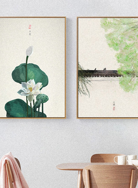 新中式竖版茶室装饰画二十四节气客厅书房背景墙壁画民宿三联挂画