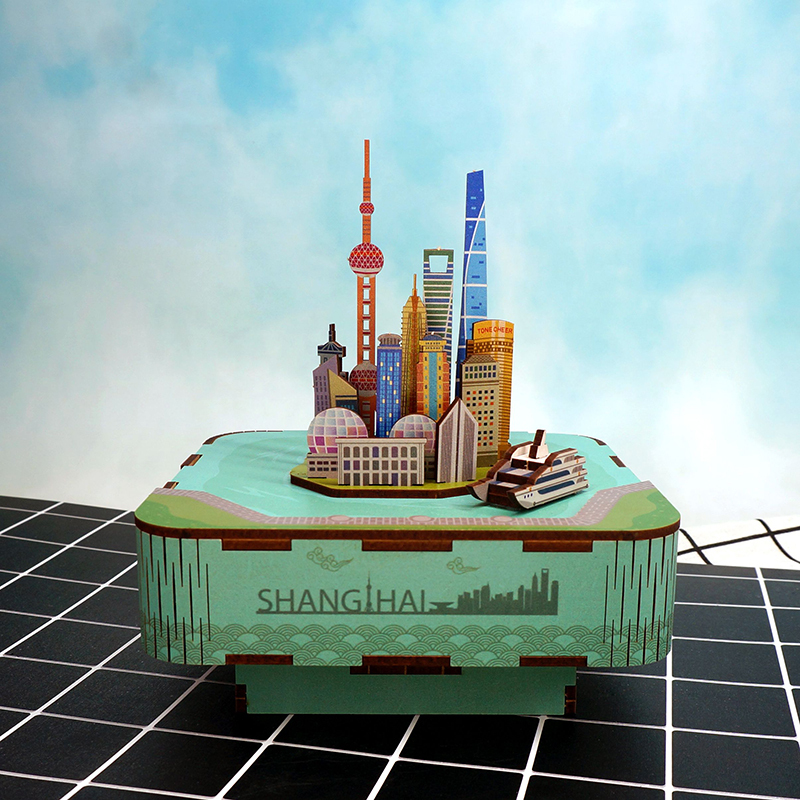 同趣拼装八音盒上海风情科技馆木质音乐盒diy手工生日礼物