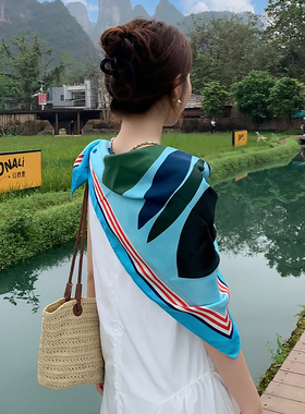 复古条纹方巾女夏季防晒丝巾海边沙滩包头巾百搭薄款时髦围巾纱巾