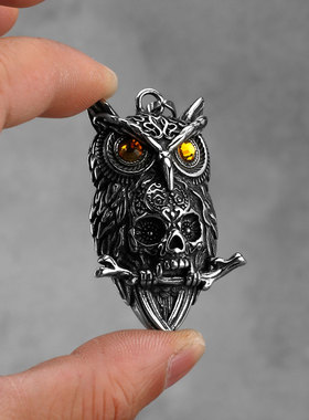 Gothic Owl Skull Pendant Necklace Stainless Steel Biker