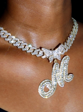 Men Women 14MM Cuban Chain Crystal Butterfly Initials Name