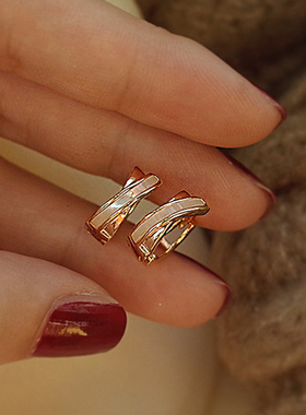 Trendy 14K Real Gold Cross Fritillaria Shell Hoop Earrings f