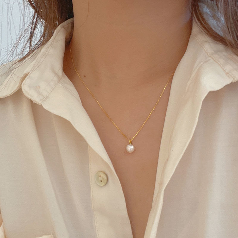 New 925 Sterling Silver Pearl Necklace Simple Style Round - 图0