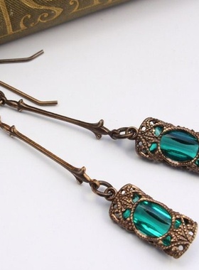 Antique Gold Color Carved Hollow Inlaid Green Stones Dangle