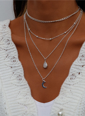 Vintage Multi Layered Portrait Coin Moon Hamsa Hand Chain Ne