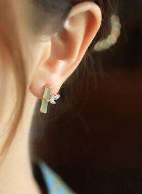 Ethnic Style Imitation Jade Bamboo Crystal Stud Earrings