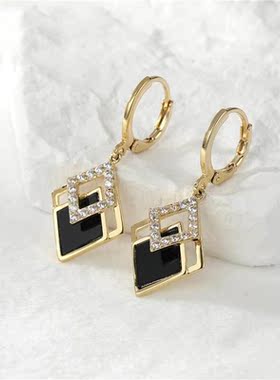 Korean Fashion Rhinestone Dangle Earrings for Women Black