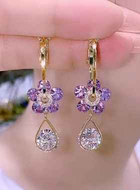 2023 Korean Purple Crystal Flower Dangle Earrings For Women