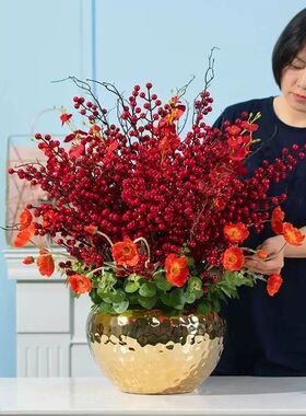 红色发财果高端喜庆花艺仿真花红果客厅插花店面装饰花高档年宵花