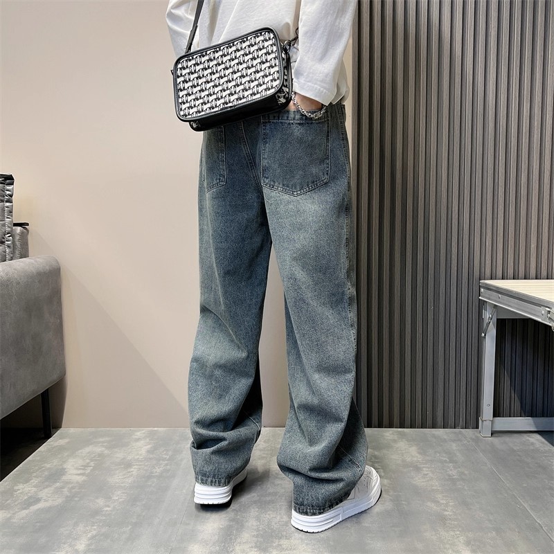 GM新潮 直筒垂感牛仔裤男士秋冬加绒高个子裤子痞帅阔腿高街长裤 - 图1