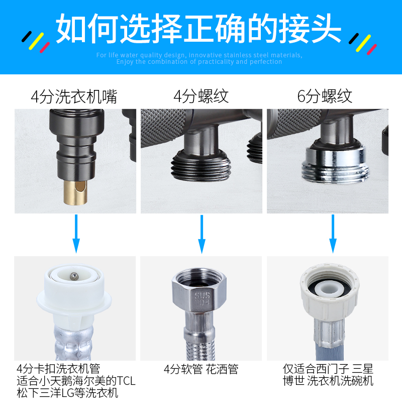 不锈钢一进三出多功能洗衣机水龙头拖把池三控四通分流器带喷枪