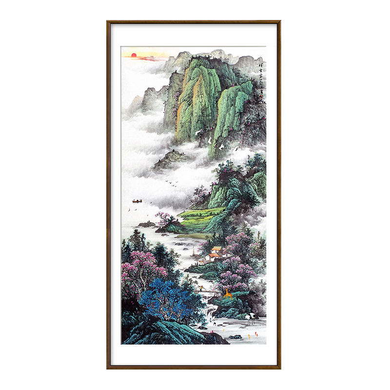 鸿运当头国画办公室墙画入户走廊壁画山水画实木框竖版玄关装饰画