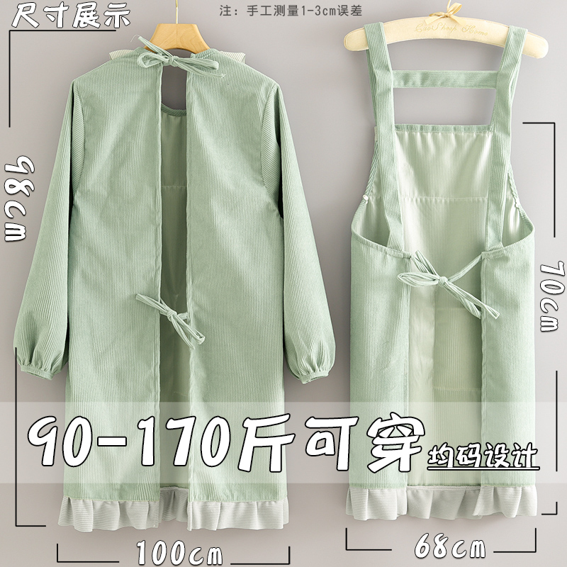 2023新款网红厨房家用条绒长袖围裙防污耐脏罩衣可爱上班工作服女 - 图2