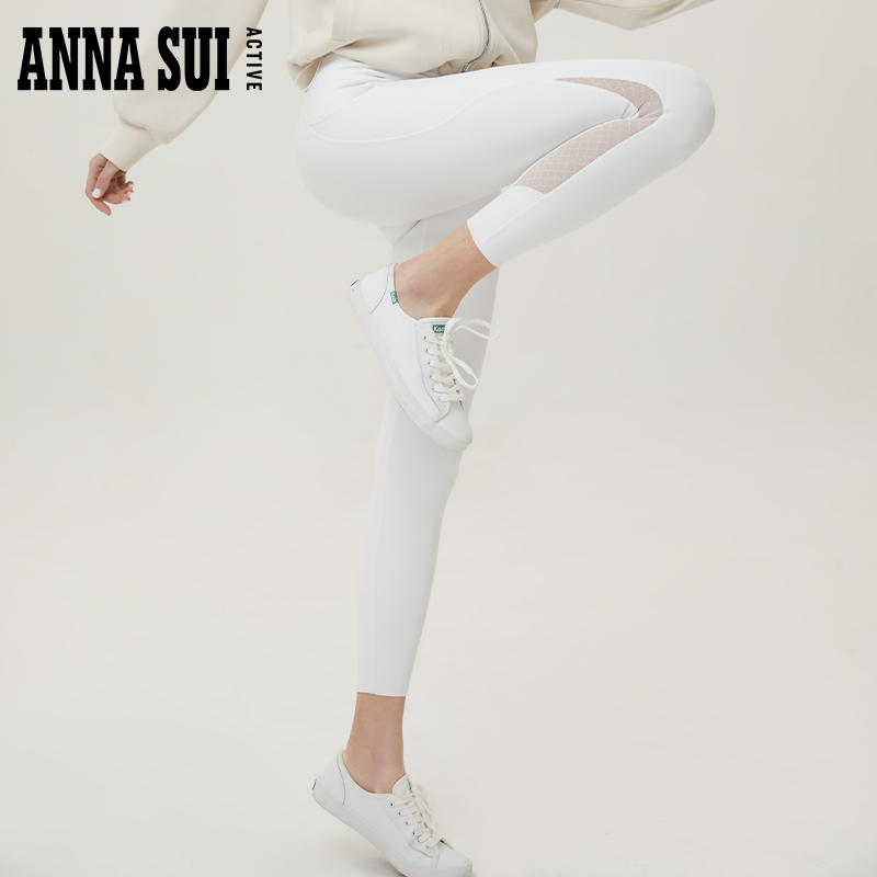 ANNA SUI 瑜伽运动烫钻拼纱Leggings健身长裤女 - 图2