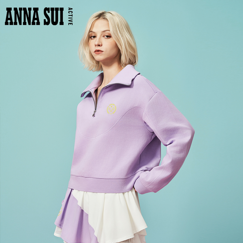 ANNA SUI俱乐部系列半拉链翻领设计宽松休闲网球运动复古女卫衣-图0