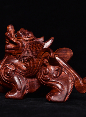 小叶紫檀木雕刻麒麟摆件实木开业