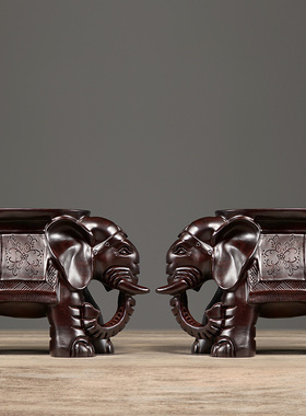 黑檀木雕泰国大象摆件一对凳象墩