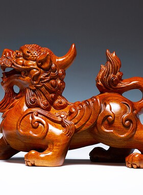 绿色纯木雌雄貔貅摆件木质公母一对实木皮丘工艺礼品客厅办公装饰