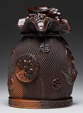 黑檀木雕刻黄金袋子摆件金钱袋实木质家居客厅装饰工艺品开业礼品