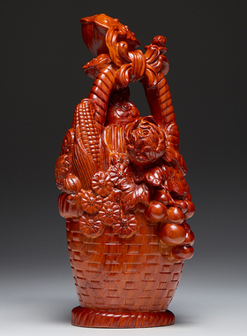 花梨木雕篮大丰收摆件实客
