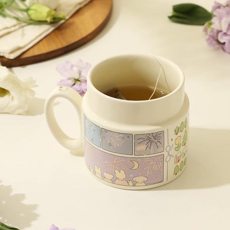 蓝莲花陶瓷杯子马克杯带盖食品级水杯泡茶女专用茶水分离茶杯瓷杯 - 图0