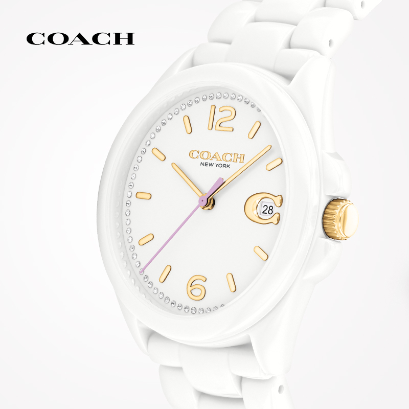 COACH/蔻驰GREYSON系列陶瓷樱花粉彩时针日历窗手表女表
