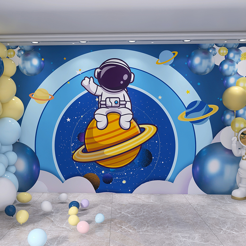 卡通星球太空宇航员墙纸科技活动壁纸环保男孩儿童房卧室背景墙布
