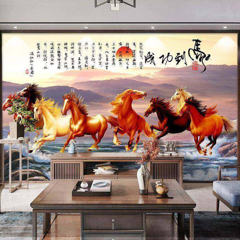 八骏图3D立体新中式墙布客厅沙发电视背景墙壁纸马到成功定制壁画,淘宝优惠券,粉丝福利购,淘宝优惠卷