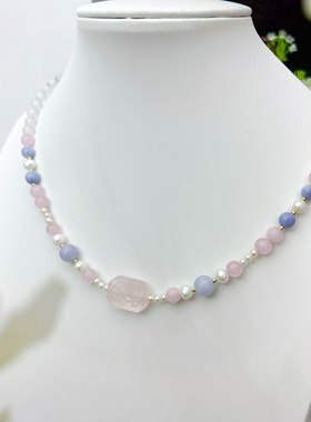 国风粉水晶方牌珍珠玛瑙短璎珞项链春夏汉服坦领唐装日常项链配饰