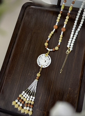秋季古风天然石蝶贝长璎珞精致暖黄系项链汉服旗袍马面裙毛衣链女