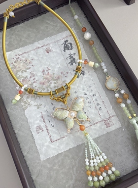 国风淡雅宋锦蝴蝶项圈璎珞背云古风汉服项链天然石配饰无金属项链