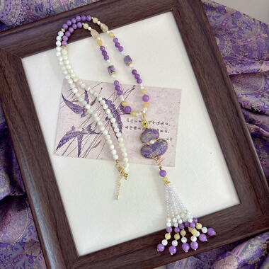 紫韵国风旗袍汉服项链毛衣链宋锦提花古风唯美天然石项链送礼悦己