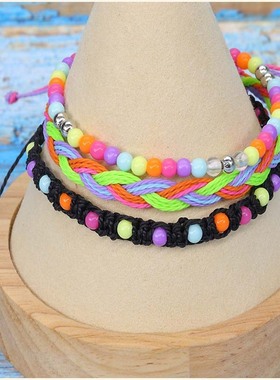 新款青少年七彩珠手串热卖防水蜡线编织手链三件套