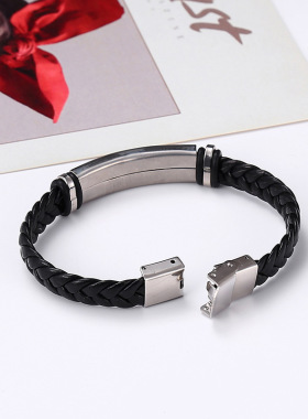 欧美不锈钢简约手链 光板刻字皮革编织手环 男士手镯
