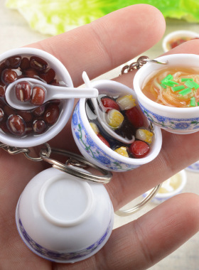 工厂仿真食品3cm白底青花瓷小碗pvc软胶模型玩具钥匙扣冰箱贴