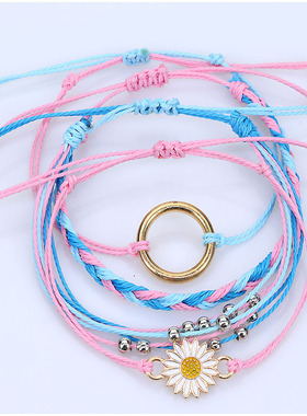 欧美海边冲浪手绳防水蜡线手工编织向日葵手链少女友谊手链4件套