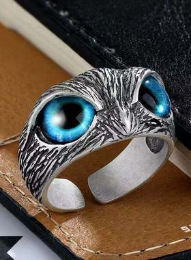 新款复古素银彩色蓝色眼睛猫头鹰戒指恶魔之眼指环饰品女