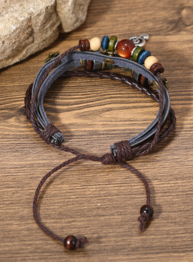 欧美串珠皮革编织复古手链合金音符牛皮手链电商饰品