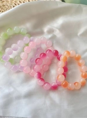 盘珠子小学生渐变色粉色版盘玩圆珠手链情侣冰透白玉色菩提手串绕
