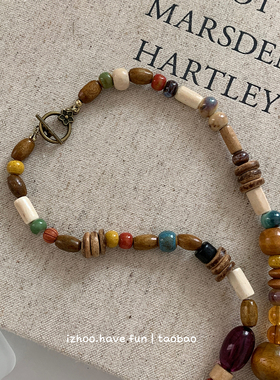 串珠项链女国潮木头陶瓷锁骨链女