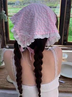 法式复古蓝色蕾丝三角头巾女