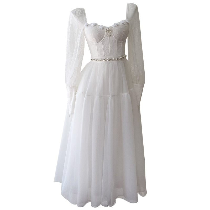春秋新款时尚优雅白色连衣裙修身高腰显瘦聚会长款气质礼服高级感