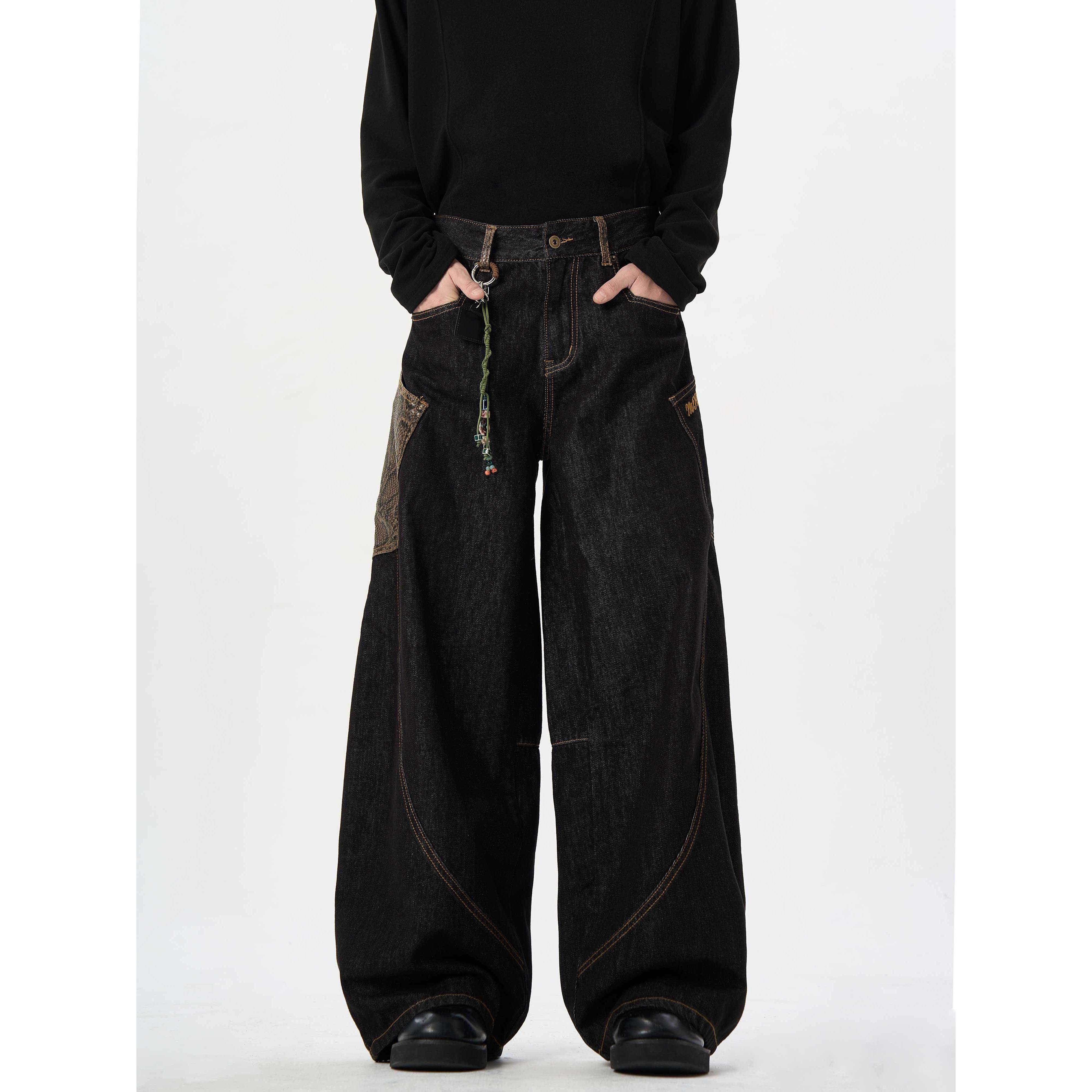 MAX ME蛇年限定【原牛 蛇皮裤 】弯刀蟒黑色牛仔裤阔腿男女裤子,淘宝优惠券,粉丝福利购,淘宝优惠卷