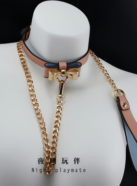 夜间玩伴 蝴蝶结项圈女皮质choker复古颈环puppy小狗链k8k9牵引绳