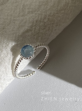 海蓝宝天然戒指925纯银小清新女