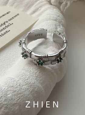 小众设计镶钻绿钻戒指S925纯银