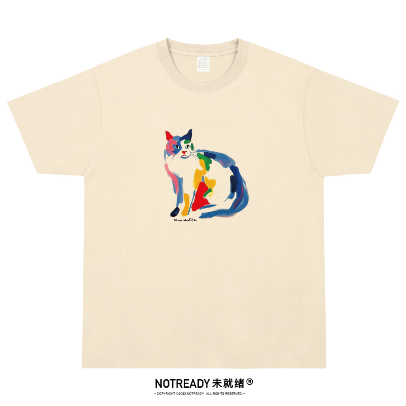 NOTREADY未就绪花猫t恤马蒂斯风格纯棉宽松文艺复古艺术印花短袖 - 图3